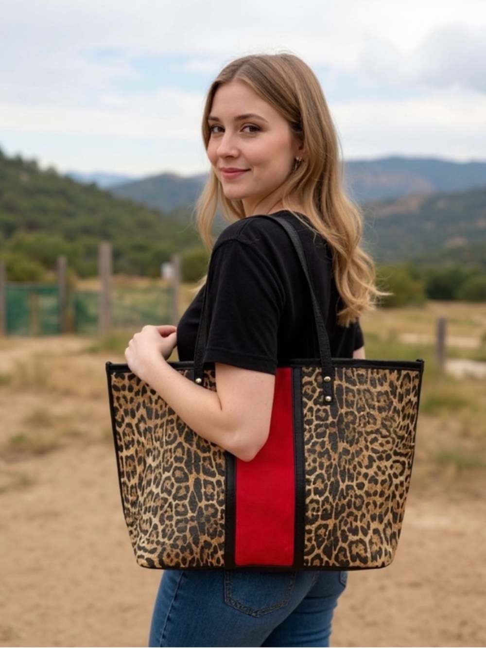 Chico’s Leopard Print Tote Bag with Red Stripe *nwot